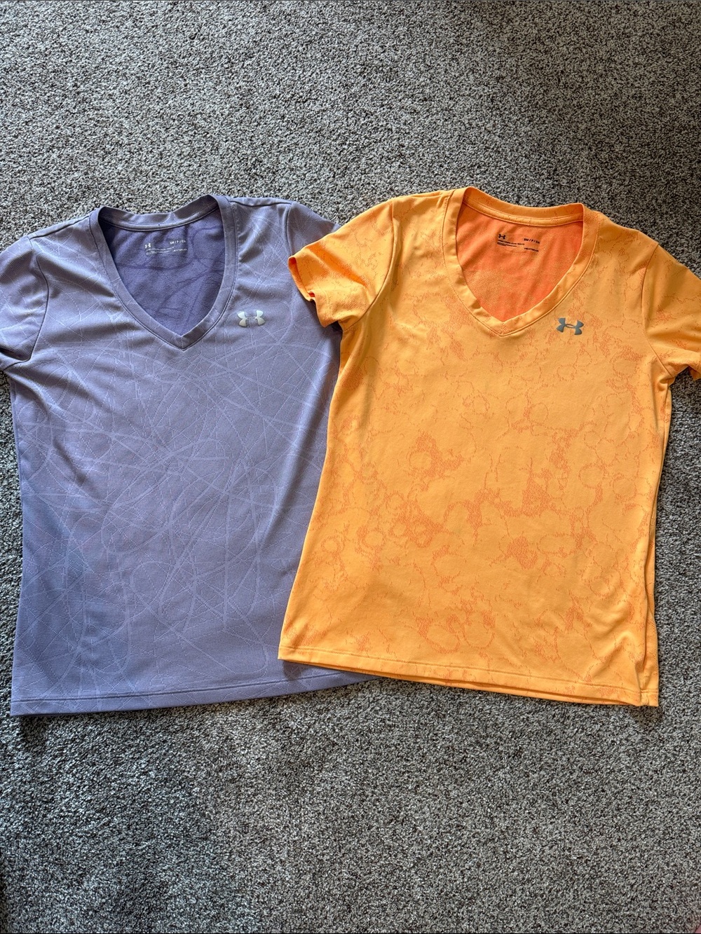 Under Armour Women Short-Sleeve V-Neck Tees in Lavender and Orange - Pair